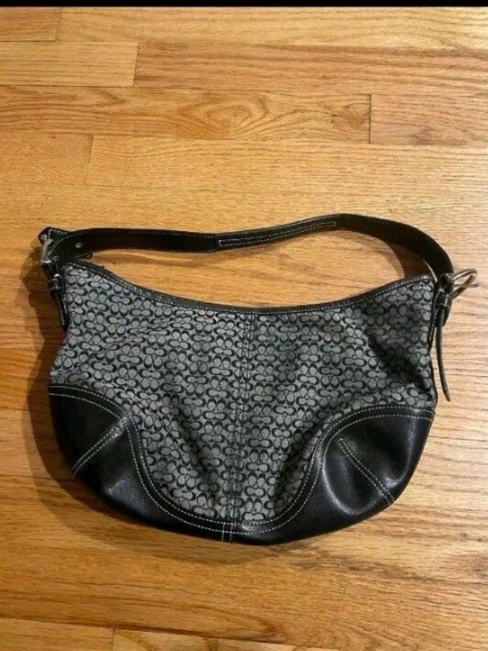 Coach Gray Signature Jacquard and Black Leather Shoulder Bag